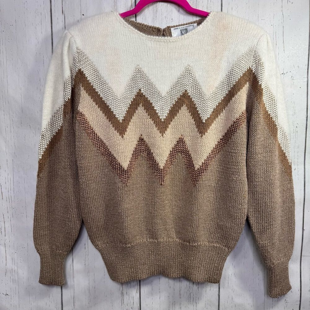 Vintage Anne Klein Knitwear Chevron Stripe Sweater M Angora Blend Preppy Cozy